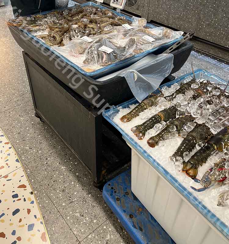 슈퍼마켓 아이스 트럭 콜드 테이블 새로 고침 카트 더 차갑게 유지 야채 고기 돼지 고기 과일 보관 블랙 모바일 데스크 조립