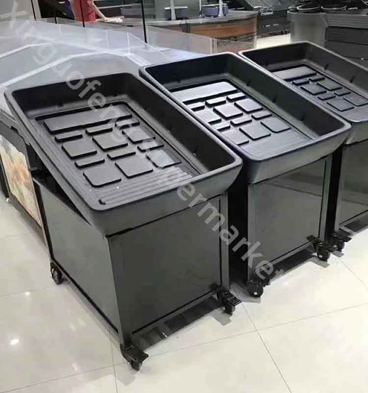 슈퍼마켓 아이스 트럭 콜드 테이블 새로 고침 카트 더 차갑게 유지 야채 고기 돼지 고기 과일 보관 블랙 모바일 데스크 조립